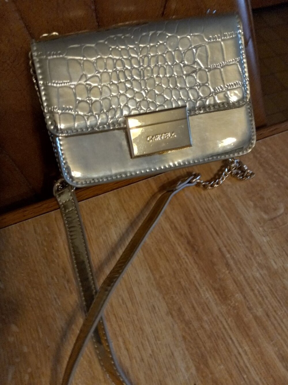 CARVELA GOLD COLOR CROSSBODY BAG HANDBAG PURSE w PARTIALLY CHAIN HANDLE